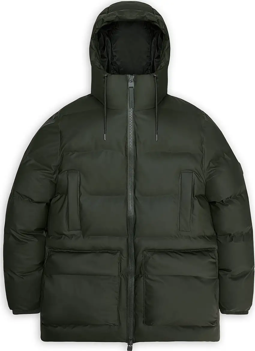 Rains Unisex Alta Long Puffer Cargo Jacket W3T4 Green