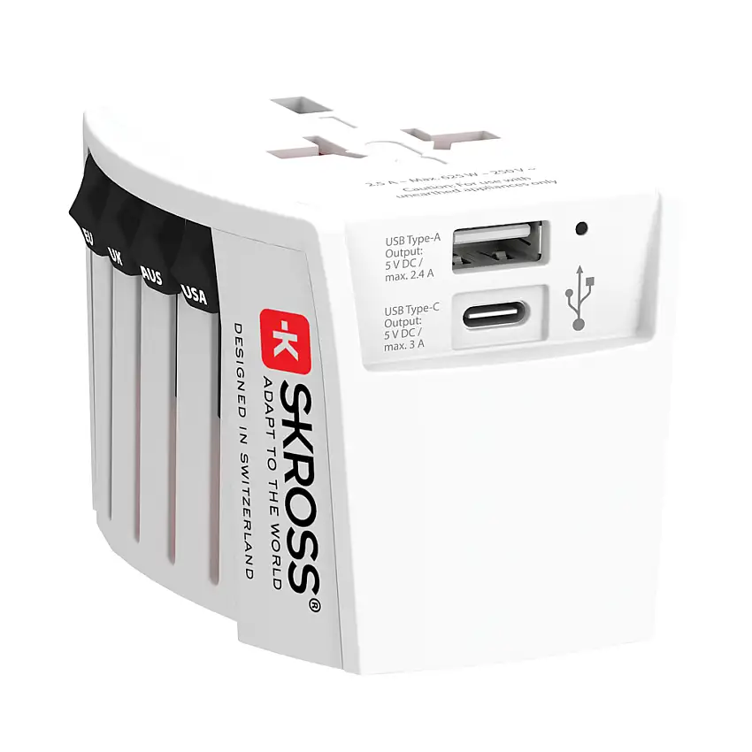 SKROSS World Travel Adapter MUV 2-polig med USB A och C