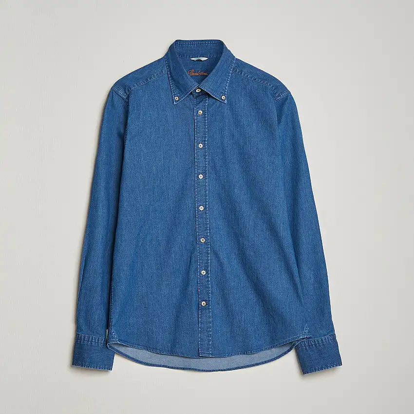 Slimline Button Down Garment Washed Shirt Mid Blue Denim