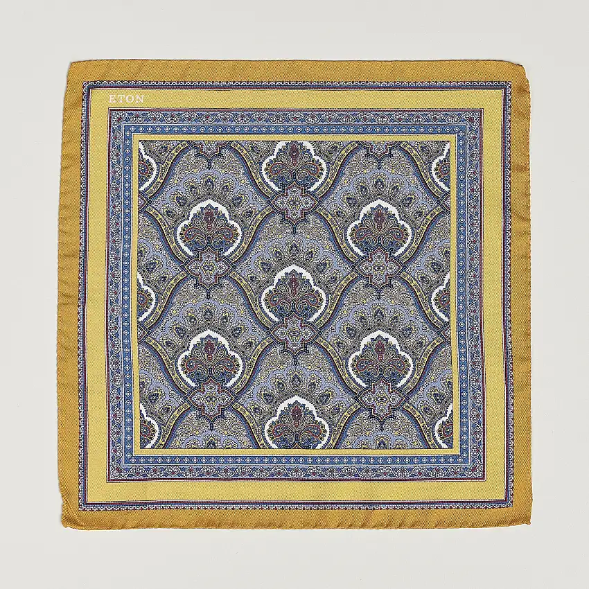 Silk Paisley Print Pocket Square Yellow