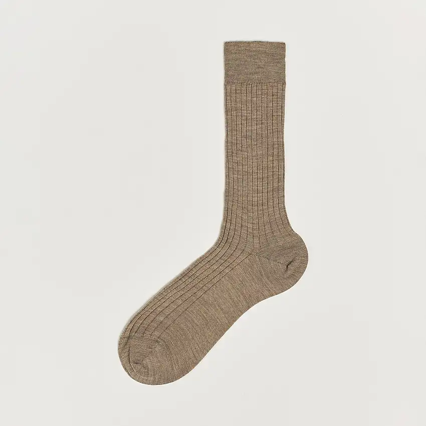 Wool/Nylon Ribbed Short Socks Beige Melange