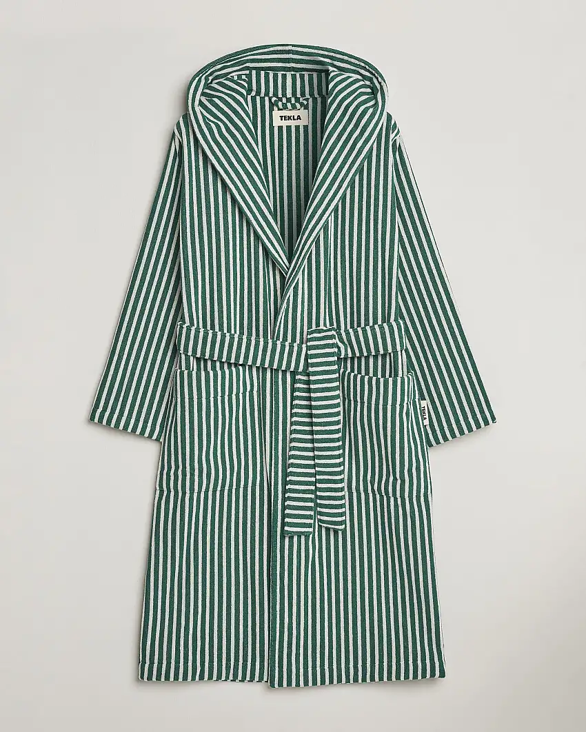 Organic Terry Hooded Bathrobe Teal Green Stripes
