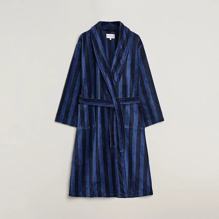 Striped Cotton Velour Gown Navy