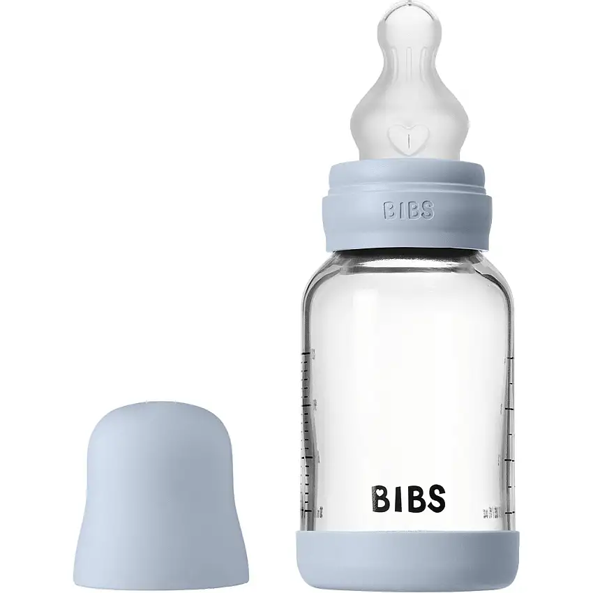 Bibs Baby Blue Glass Baby Flaska Round Silicone Slow Flow