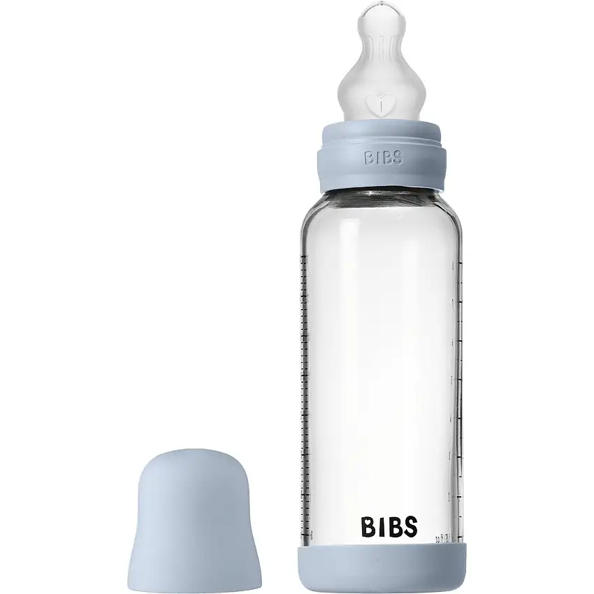 Bibs Baby Blue Glass Baby Flaska Round Silicone Medium Flow