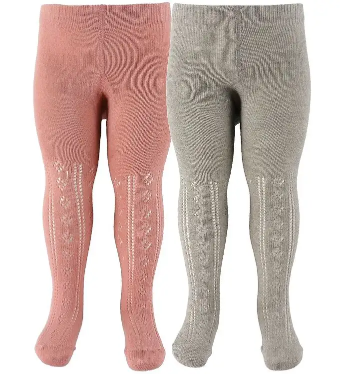 Minymo Strumpbyxor - 2-pack - Ljustgråmelerad/Rosa m. Hålmönster