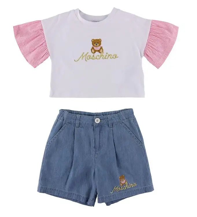 Moschino T-shirt/Jeansshorts - Vit/Blå m. Logo/Guld