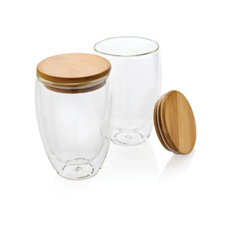 Dubbelväggigt borosilikatglas med bambulock, 350ml, 2-pack