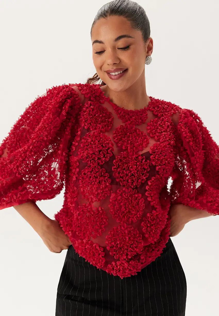 3D Flower Puff Sleeve Blouse 74439504