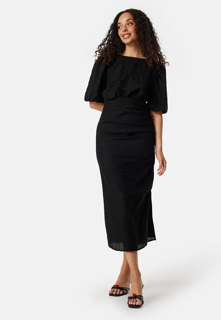 Balloon Sleeve Bow Midi Dress 39057487