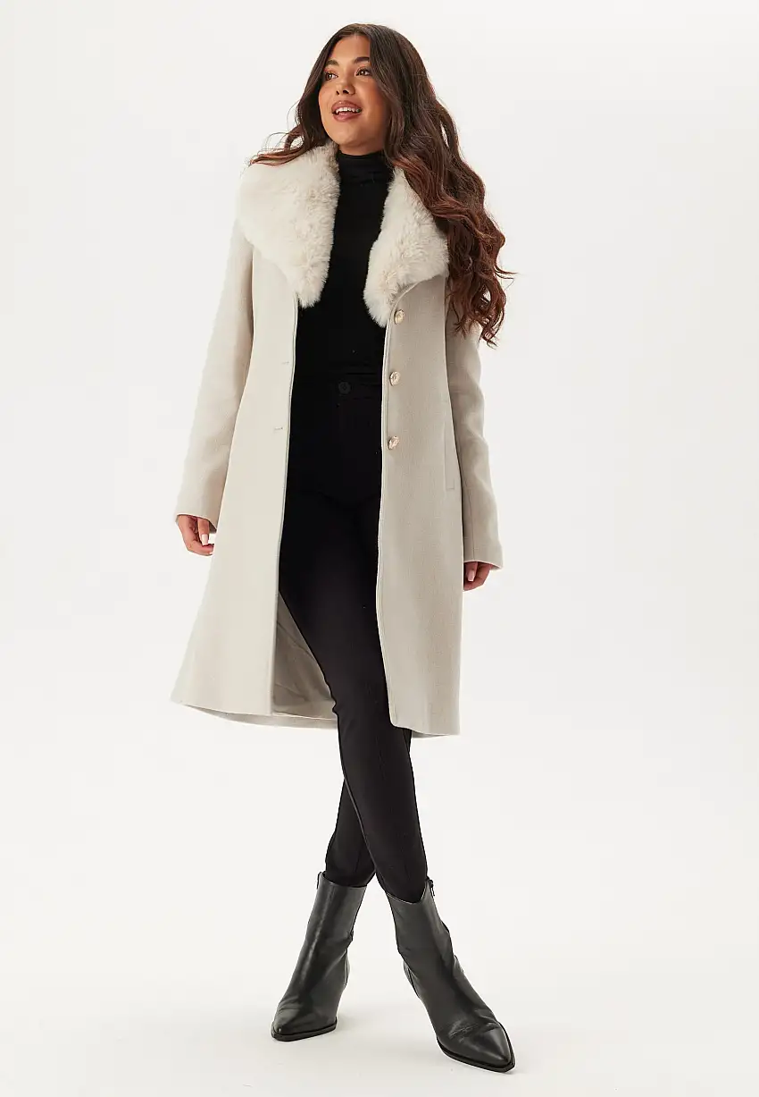 Fur Collar Wool Blend Coat 14349475