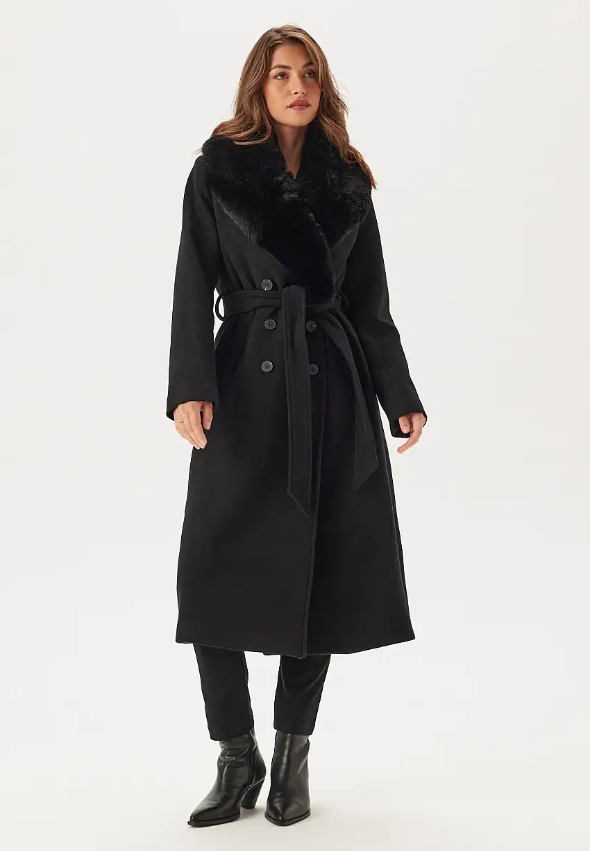 Fur Collar Belted Wool Blend Coat 87660290