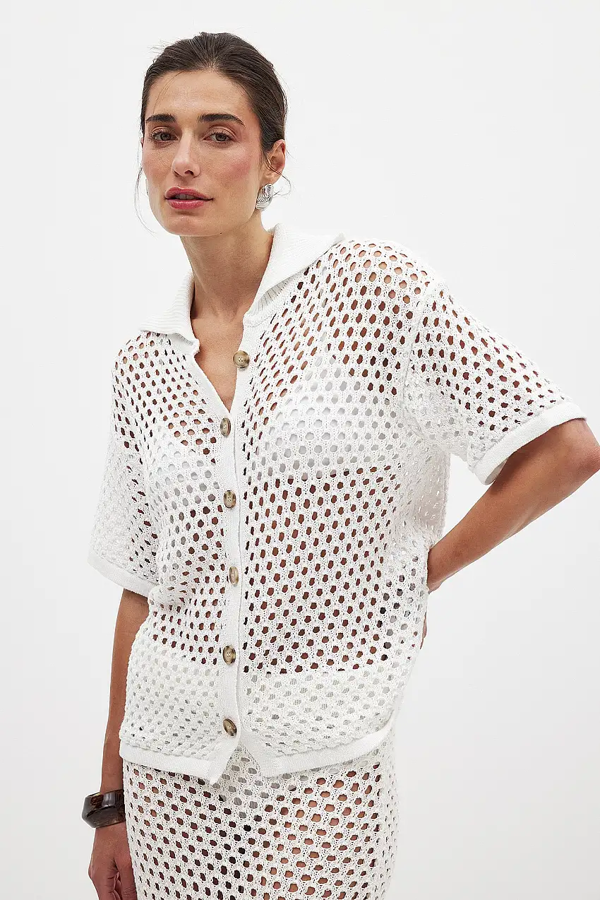 Hole Knitted Buttoned Short Sleeve Sweater Vit